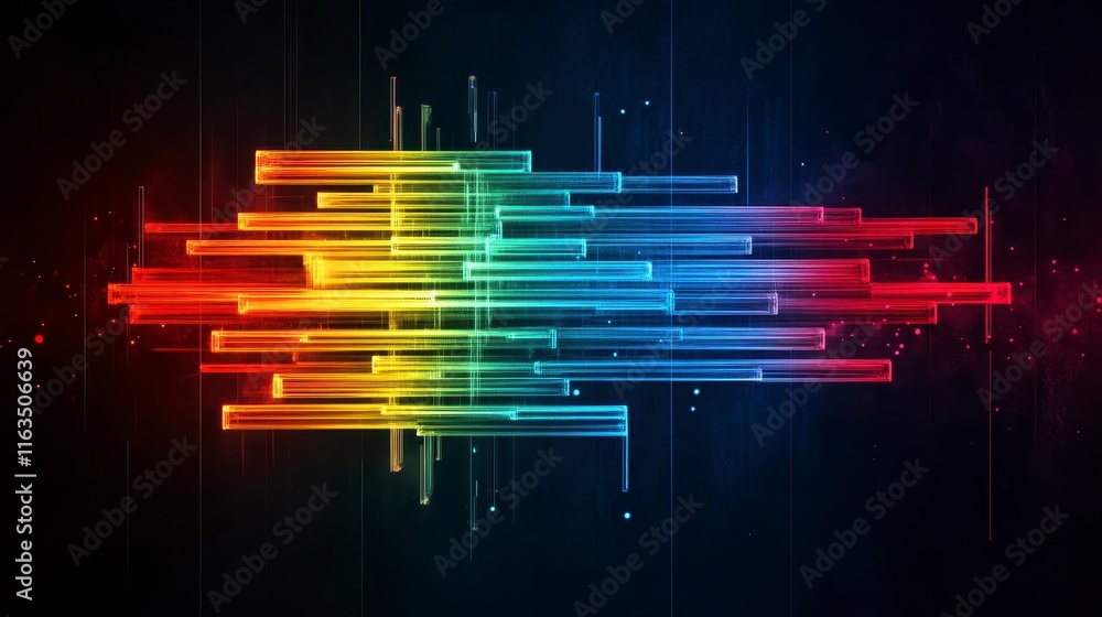 Poster abstract colorful digital lines creating a vibrant soundwave pattern in a dark background, represent