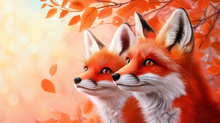 Obraz premium Two Adorable Foxes Surrounded by Autumn Leaves in Vibrant Colors