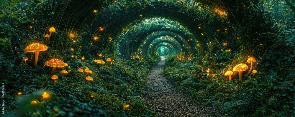 Poster mystical nature concept. a mystical forest pathway illuminated by glowing mushrooms and surrounded b