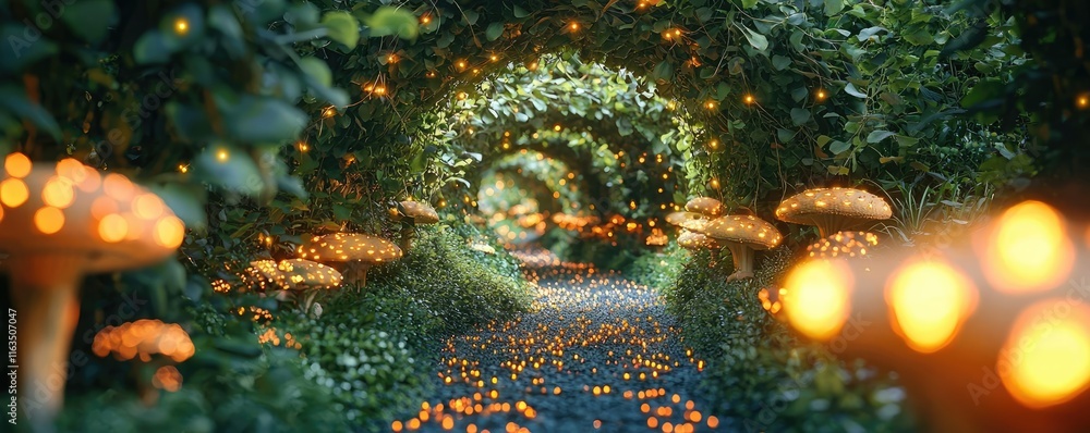 Poster mystical nature concept. a magical pathway lined with glowing mushrooms and lush greenery, inviting 