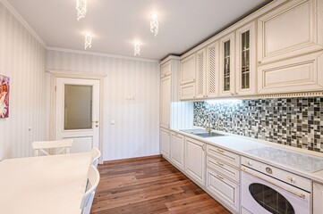 interior apartment kitchen and dining room, refectory area, cooking equipment, table furniture,...