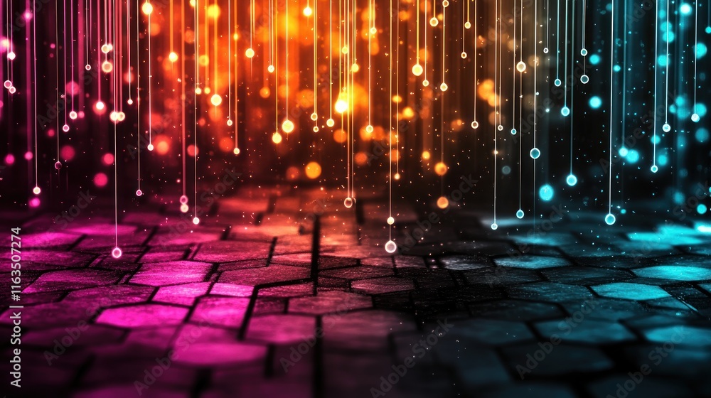 Poster blur background of abstract hexagon background with glowing lights and vibrant colors