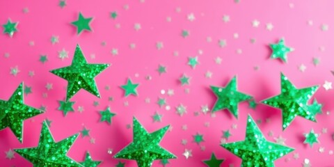 Emerald Green Glitter Stars on Pink Background Festive Design