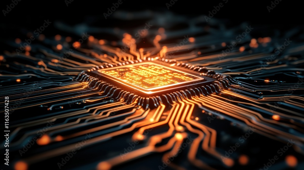 Leinwandbilder Illuminated Microchip Circuit Board Close up of glowing CPU processor and intricate electronic