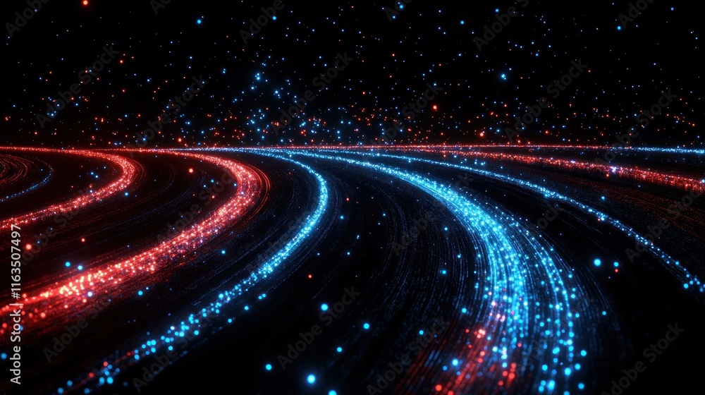Poster Blur Background of Abstract Red and Blue Glowing Particle Trails Dynamic Light Streaks Background