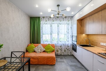 interior apartment kitchen and dining room, refectory area, cooking equipment, table furniture,...