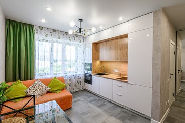 interior apartment kitchen and dining room, refectory area, cooking equipment, table furniture,...