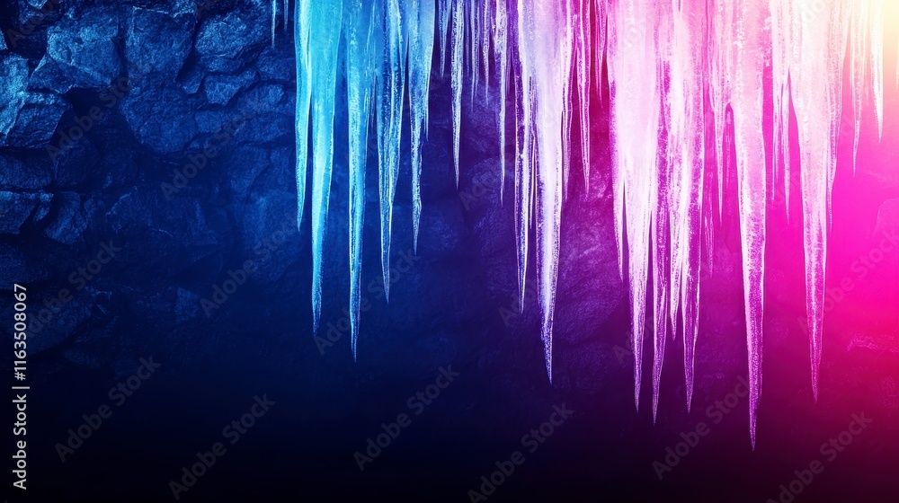 Poster a stunning display of icicles cascading over a dark rocky background, illuminated with colorful ligh