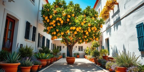 Obraz premium A sun-drenched courtyard with a vibrant citrus tree, flourishing potted plants, and charming whitewashed buildings.
