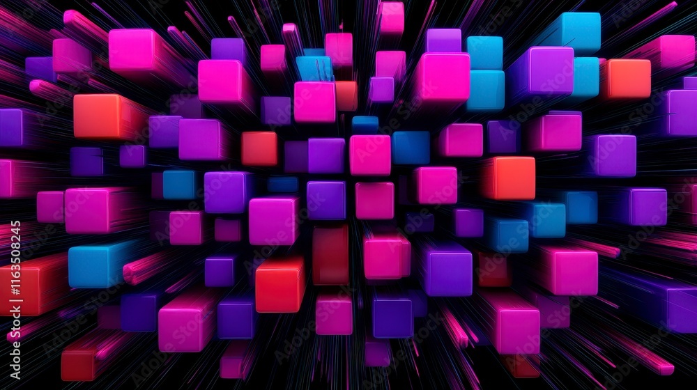 Poster dynamic abstract composition of colorful cubes radiating from a central point with vibrant motion ef