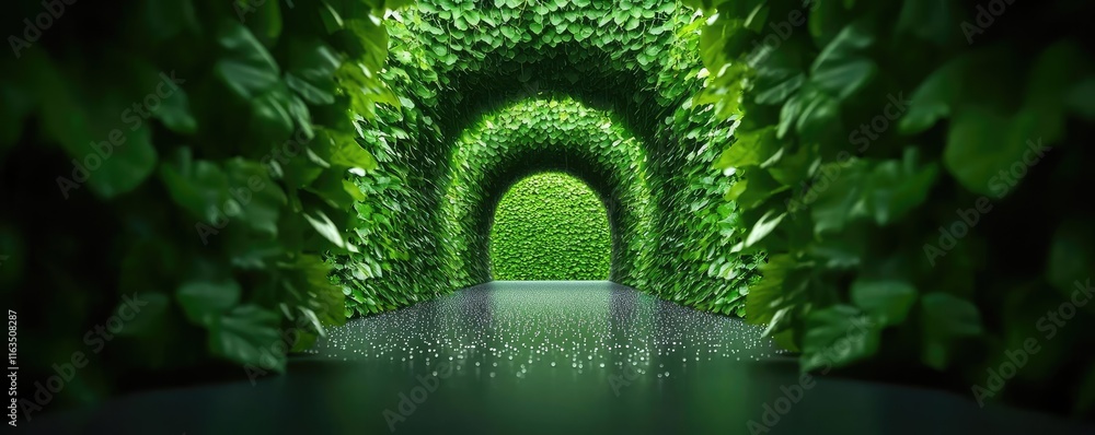 Poster mystical lush idea. serene pathway through lush greenery leading to a mysterious archway of nature.
