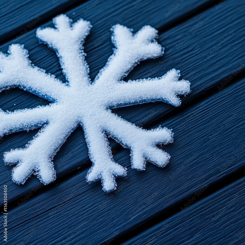 Poster close-up view of an intricately designed snowflake resting on a dark wooden surface, showcasing wint
