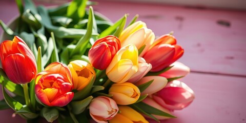 Obraz premium A vibrant bouquet of spring tulips in assorted colors, showcasing their delicate petals and lush green stems