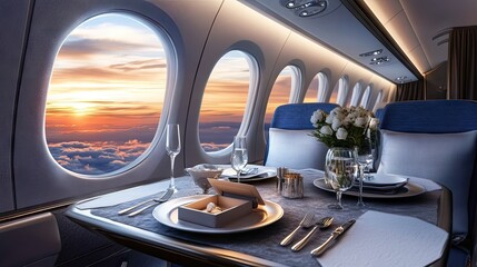 Luxury In-Flight Dining Experience with Sunset View through Window