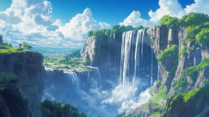 Fototapeta premium Anime landscape featuring majestic waterfall and rocky cliffs under a bright blue sky – top view animation scene