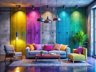 Loft Living Room Interior - Concrete Wall - Bright Colors - Modern Design