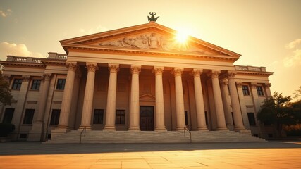 Obraz premium Majestic Classical Building at Sunset A grand structure with columns and a wide staircase, bathed in the warm glow of the evening sun.