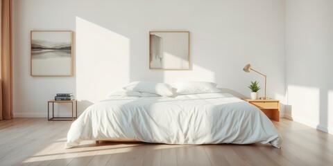 Serene Minimalist Bedroom Design with Sunlit White Bedding and Simple Artwork