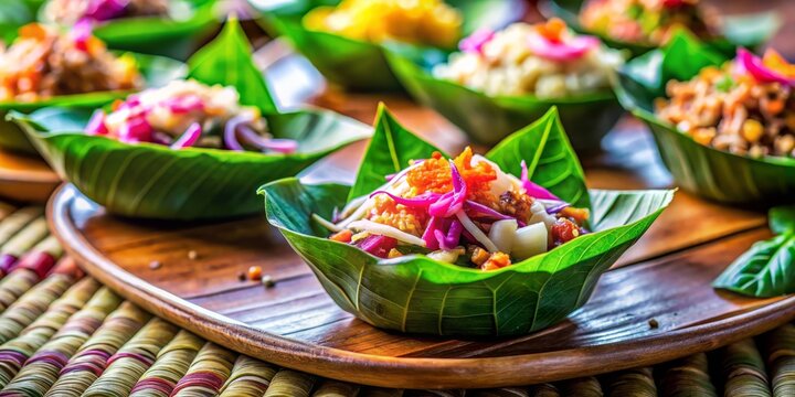 Close-up of Miang Kham, Traditional Thai One-Bite Wrap, Shallow Depth of Field, Focus on Ingredients