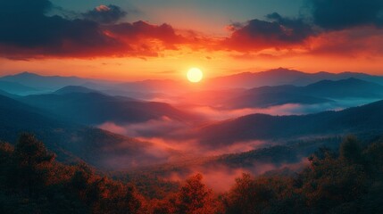 Fototapeta premium Majestic Sunrise Over Misty Mountain Ranges