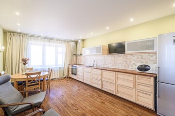 interior apartment kitchen and dining room, refectory area, cooking equipment, table furniture,...