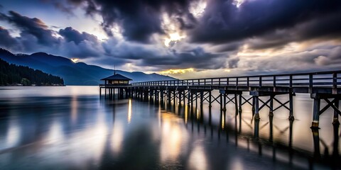 Obraz premium Deep Cove Pier Silhouette, Cloudy Day, North Vancouver, BC, Canada