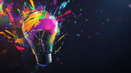 Colorful splash of paint around a light bulb symbolizing creativity and inspiration in technology and innovation.