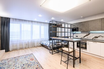 interior apartment kitchen and dining room, refectory area, cooking equipment, table furniture,...