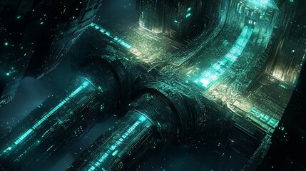 Futuristic, glowing, intricate, technological, alien spaceship, corridor, interior, complex, engineering, 