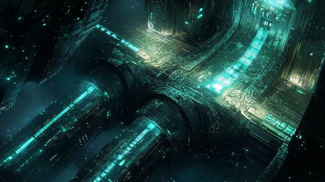 Futuristic, glowing, intricate, technological, alien spaceship, corridor, interior, complex, engineering, 