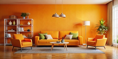 Minimalist Orange Living Room, Clean Lines, Copy Space