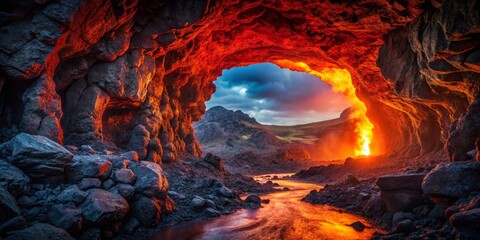 Eerie Glowing Lava Illuminates Dark Volcanic Cave Entrance at Night