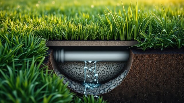 Underground Drainage System Water Flowing Through Pipe and Gravel Bed, Surrounded by Lush Green Grass