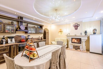interior apartment kitchen and dining room, refectory area, cooking equipment, table furniture,...