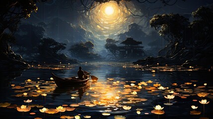 Serene night scene man rows boat on tranquil lake, glowing lotus flowers, mystical temple.