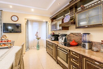 interior apartment kitchen and dining room, refectory area, cooking equipment, table furniture,...