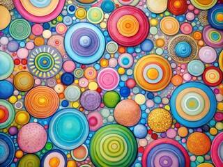 Pastel circles, geometric lines, a playful panoramic view. AI art.