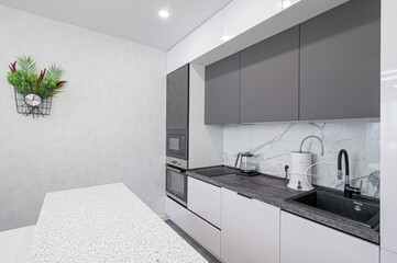 interior apartment kitchen and dining room, refectory area, cooking equipment, table furniture, stove