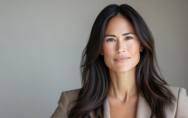 Naklejka premium A businesswoman with long, dark hair, wearing a sharp formal blazer, standing in front of a neutral, minimalist background. 