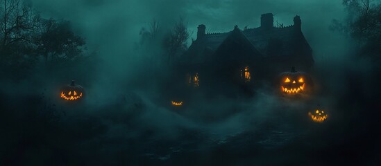 Haunted house in a spooky foggy night with glowing jack-o'-lanterns.