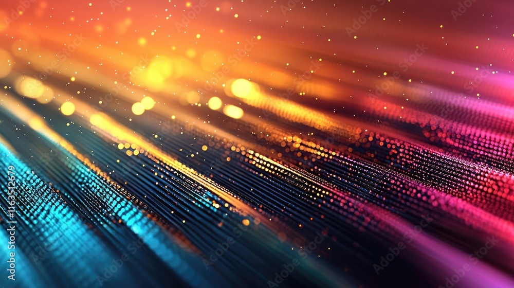 Poster Brushed abstract background concept. Vibrant abstract lines with glowing colors and sparkling particles in a digital design.