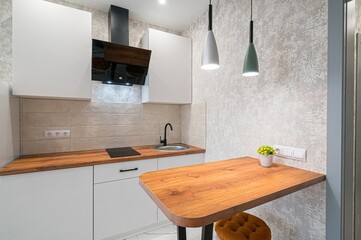 interior apartment kitchen and dining room, refectory area, cooking equipment, table furniture,...