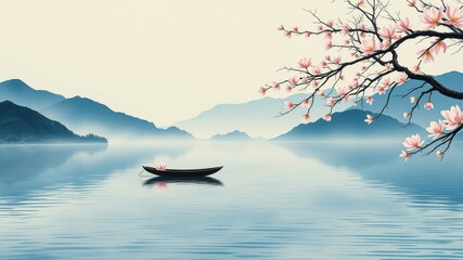 Fototapeta premium Serene landscape painting of a small boat on a calm lake, nestled amidst misty mountains and delicate pink blossoms.