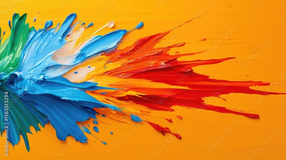 Poster splatter abstract background concept. vibrant splash of paint in various colors against a bright ora