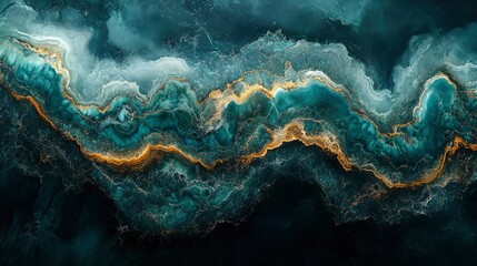Abstract Teal and Gold Marble Texture Luxurious Swirling Design