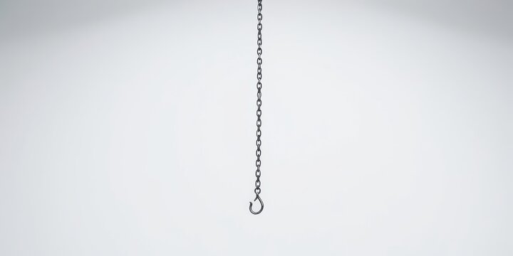 A simple steel chain hangs with a hook at the bottom against a bright white background