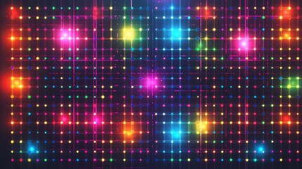Colorful grid lights, vibrant and dynamic LED display pattern, showcasing a network of illuminated squares, emitting various hues of rainbow colors.