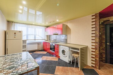 interior apartment kitchen and dining room, refectory area, cooking equipment, table furniture, stove