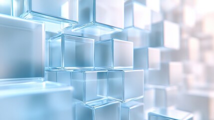 Obraz premium Abstract 3D cubes design. Geometric shapes form a transparent pattern. Modern digital background in blue tones. Light and reflection highlight sleek style. Futuristic concept blends elegance and