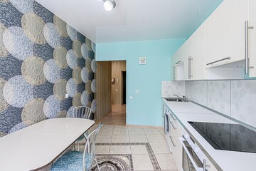 interior apartment kitchen and dining room, refectory area, cooking equipment, table furniture,...